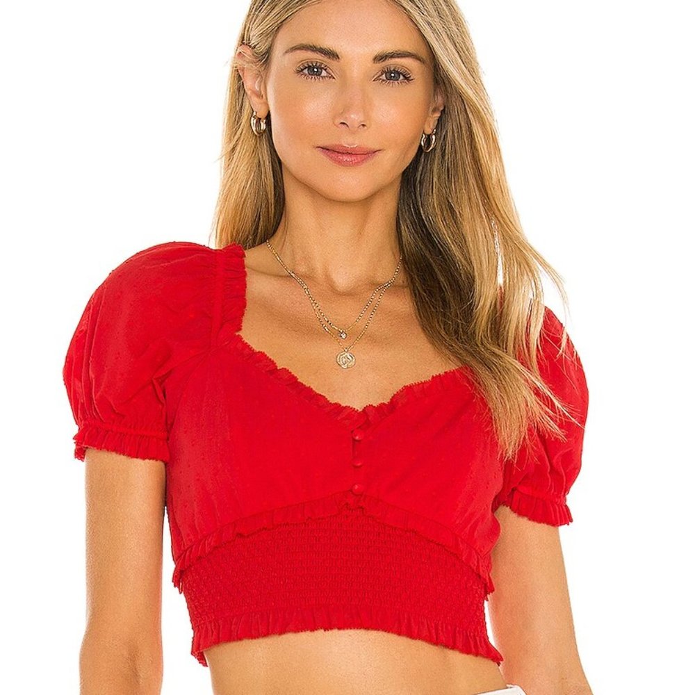 Cute Red Alice + Olivia Rianna Puff Sleeve Smocked Crop Top Blouse w/ Ruffles XS